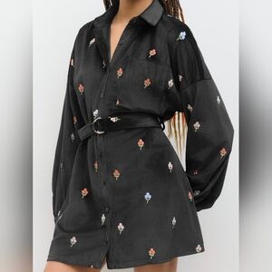 Cider Black Shirt Jacket with Colorful Floral Embroidery